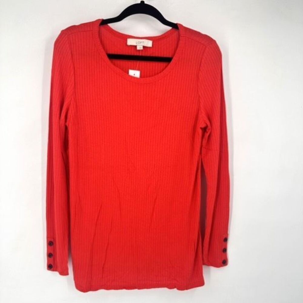 NWT Loft Ribbed Bright Candy Apple Red Long Sleeve Top Large Crew Neck Stretch